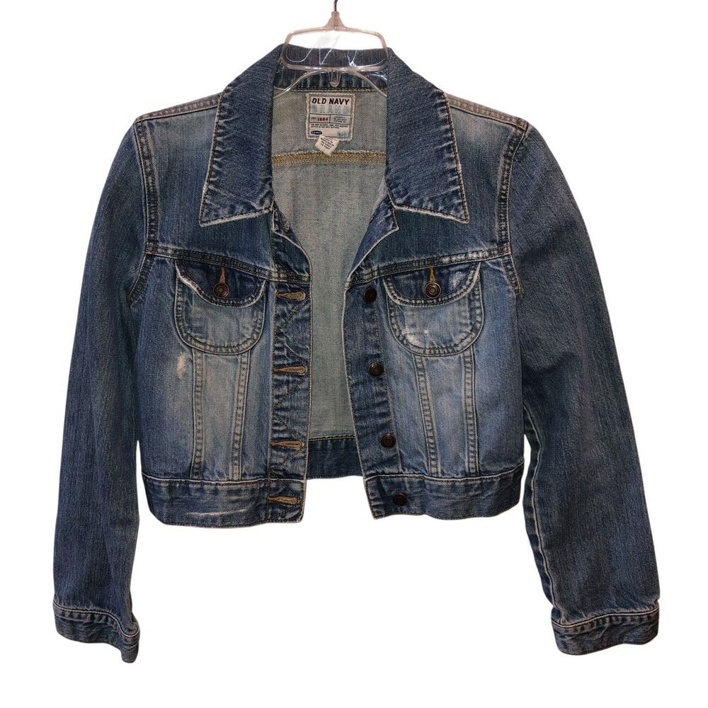 Old Navy Women Blue Medium Button Front Cropped Denim Jean Trucker Jacket Size M